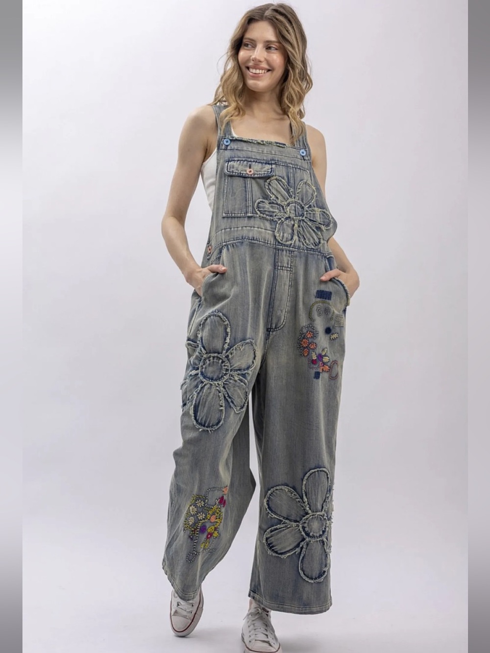 Blue Velvet jumpsuit Washed blue Embroidered Wide-Leg Women Jeans crop overall